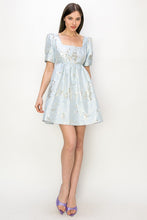 Blue Square Neck Jacquard Glitter Baby Doll Mini Dress