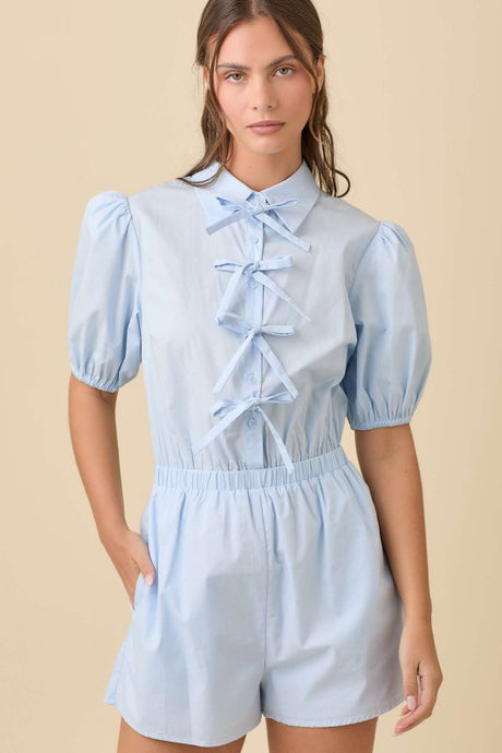 Light Blue Puff Sleeve Button Down Collared Romper