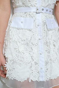 White Short Puff Sleeve Floral Lace Belted Mini Dress