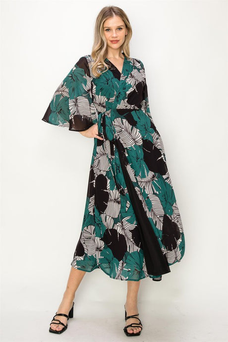 Green Sleeve Wrap V-Neck Maxi Dress