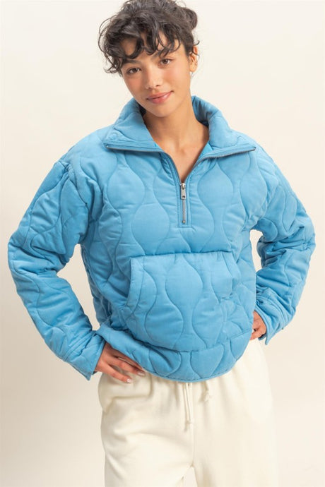 Ocean Blue Quilted Half Zip High Neck Pullover