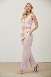 Lt Pink Stretch Woven Trousers With Button Detail