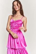 Fuchsia Satin Ruched Multi Layer Maxi Dress