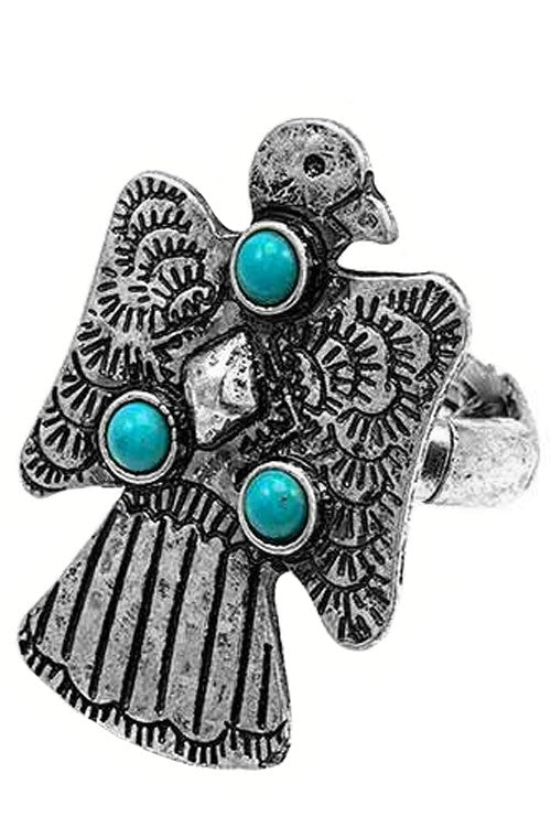 Turquoise Western Concho Thunderbird Gem Stone Stretch Ring