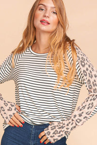 Ivory/Black/Blush Plus Stripe Leopard Print Thumb Hole Knit Top