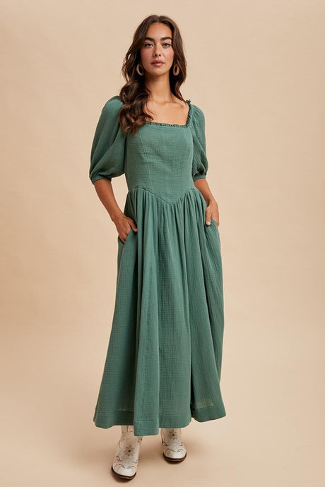 Evergreen Cotton Square Neck Maxi Dress