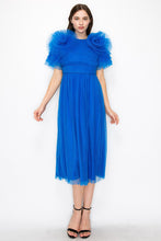 Royal Blue Tulle Pleated Floral Short Sleeve Midi Dress