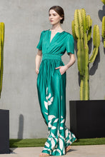 Ht.Green V Neck Leaf Printed Wide Jumpsui