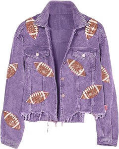 Purple Football Sequin Embroidery Washed Corduroy Jacket