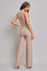 Beige Knit Sleeveless Collar Top And Pants Set