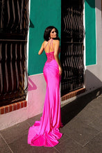 Hot Pink Lace Embroidered Satin Long Slit Evening Dress