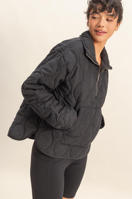 Black Quilted Half Zip High Neck Pullover