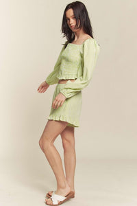 Green Gingham Smocked Top With Shorts Set
