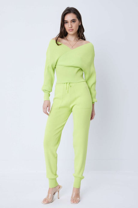 Neon Green Knit Long Slv Top And Jogger Pants Set