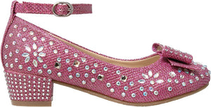 Magenta Girl's Dress Shoes Glitter Rhinestone Bow Accent Mary Jane Kids Pumps