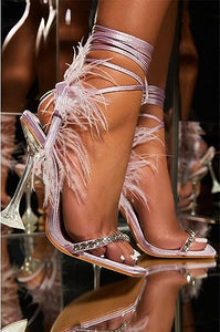 Lilac Feather Lace-Up Heeled Sandals Strappy Slingback Open Square Toe Clear Heels For Women