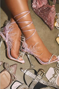 Lilac Feather Lace-Up Heeled Sandals Strappy Slingback Open Square Toe Clear Heels For Women