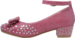 Magenta Girl's Dress Shoes Glitter Rhinestone Bow Accent Mary Jane Kids Pumps