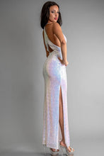 White Multi Color Sequin Halter Neck Deep V-Neck Keyhole
