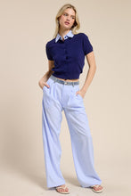 Navy Striped Collar Short Sleeve Knit Top