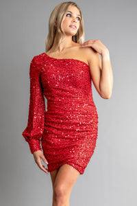 Red Womens Multi Color Sequin One Shoulder Mini Dress