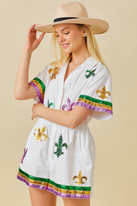 White Mardi Gras Sequin Trim Solid Romper