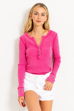 Hot Pink Acid Washed Half Placket Ribbed Knit Top