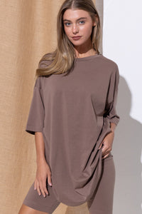 Brown Knit Oversize Tee Shirt An Shorts Casual Biker Set