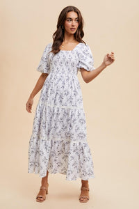 Off White Cotton Floral Smocked Maxi