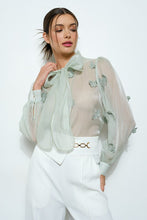 Sage Sheer Embroidered Butterfly Bow Tie Blouse