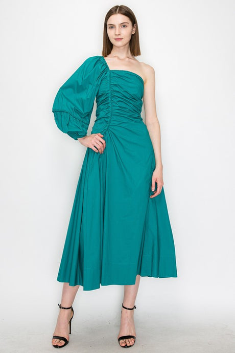 Teal Cotton Ruched Detail One Shoulder Dress