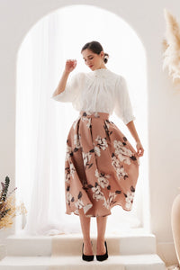 Cappuccino High Waist Floral Print Pleated Midi Skirt