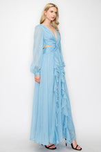 Blue Long Puff Sleeves Shimmer Fabric Side Cut-Out Maxi