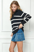 Black Stripe Knit Zip-up High Collared V-neck Sweater