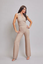 Beige Knit Sleeveless Collar Top And Pants Set