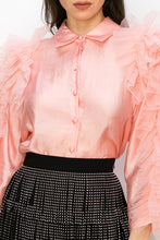 Peach Shimmer Long Sleeve Neck Ribbon Button Down Top