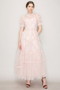 Blush Short Sleeves Dotted Tulle Ruffle Maxi Dress