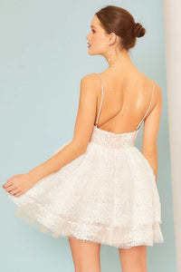 White Back Zipper Babydoll Mini Mesh Lace Dress