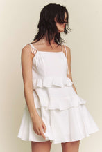 White Linen Tie Spaghetti Ruffle Detail Mini Dress