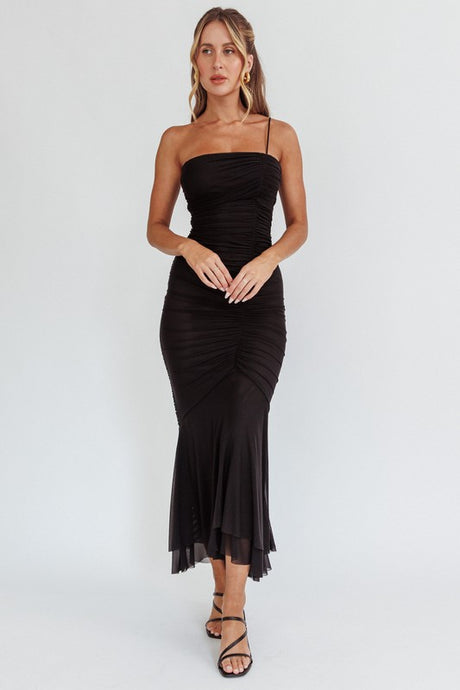 Black One Shoulder Knit Ruched Detail Maxi Dress