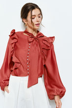 Spice Soft Wool Blouse With Bow Tie & Pearl Buttons