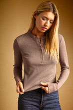 Chocolate Half Snap Button Waffle Fabric Long Sleeve Top