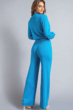 Blue Banded Wrist Knit Top And Bottom Set