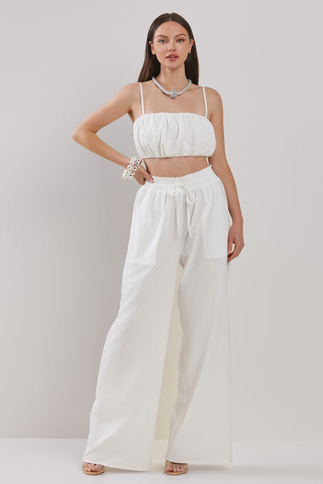 Off White Pluffy Crop Top And Wide Pants Set