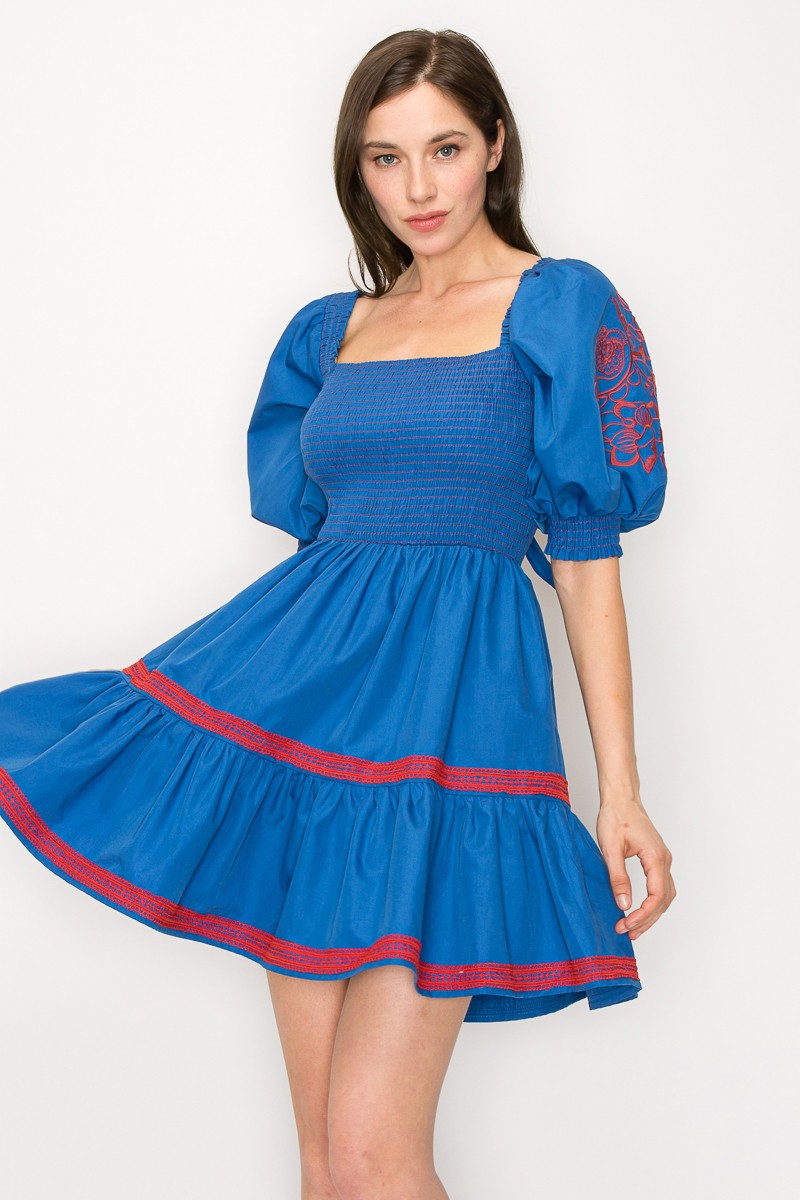 Blue/Wine Square Neck Smocked Embroidered Puff Sleeve Mini Dress