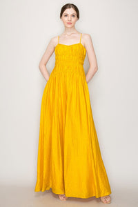 Mustard Satin Ruched Detailing Sleeveless Maxi Dress
