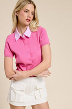 Pink Striped Collar Short Sleeve Knit Top