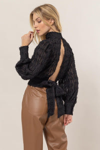 Black Fuzzy Tie-Back Blouse