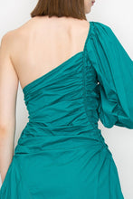 Teal Cotton Ruched Detail One Shoulder Dress