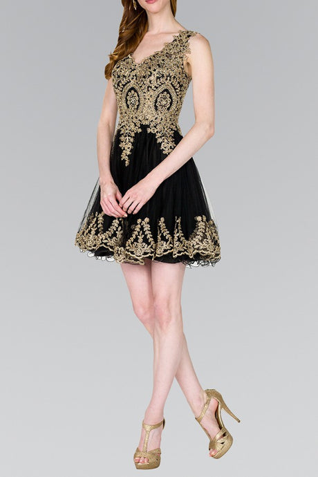 Black/Gold Tulle Short Dress Accented With Gold Lace
